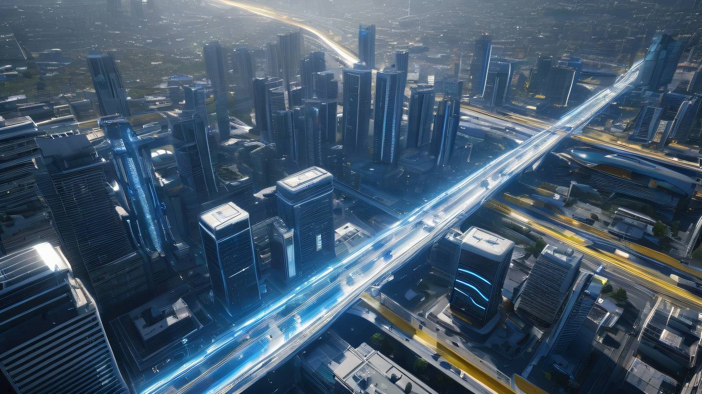 A futuristic cityscape with interconnected light streams flowing between buildings featuring white and sapphire blue colors with hints of sunshine yellow captured from an elevated diagonal angle high-quality ultra-realistic cinematic 8K UHD high resolution sharp and detail