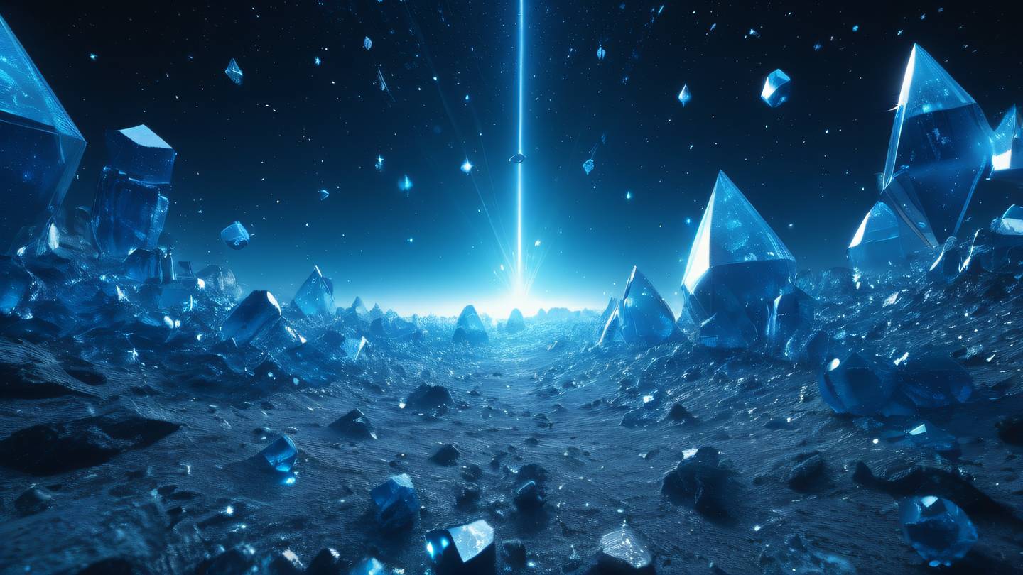 A surreal cosmic scene featuring floating geometric crystals in a vast space environment with light blue and cobalt color palette crystals reflecting starlight ultra-realistic cinematic lighting 8K resolution sharp details high contrast shot from a low angle perspective looking upward