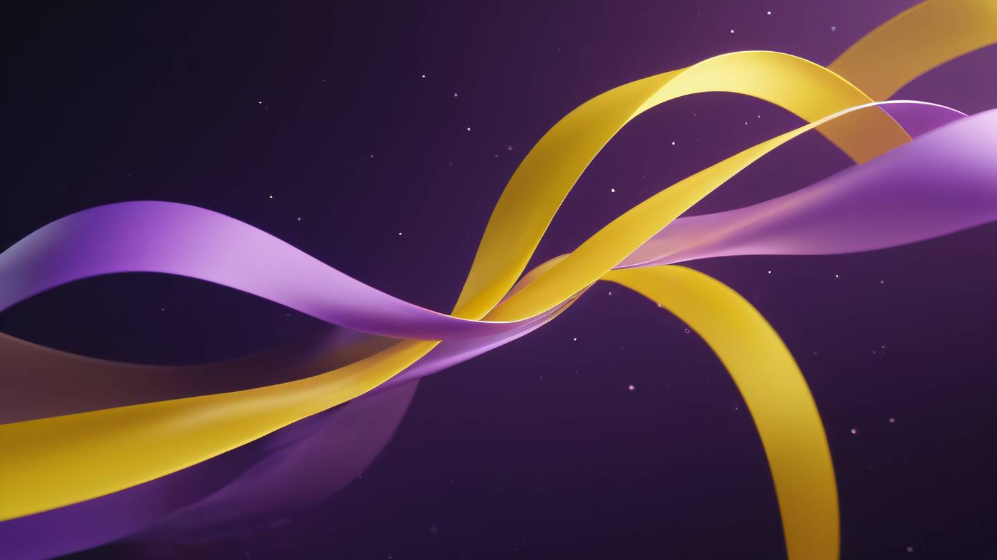 Abstract flowing data streams visualized as luminous canary yellow and lilac gradient ribbons against a stark backdrop moving dynamically through space ultra-realistic cinematic quality 8K UHD high resolution captured from a birds-eye view