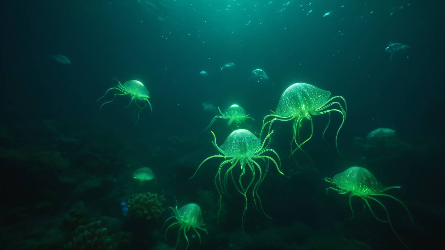 Ethereal underwater scene with bioluminescent deep sea creatures emitting dark green and neon green light patterns floating in dark waters ultra-realistic cinematic 8K resolution high detail shot from a side angle with depth perspective