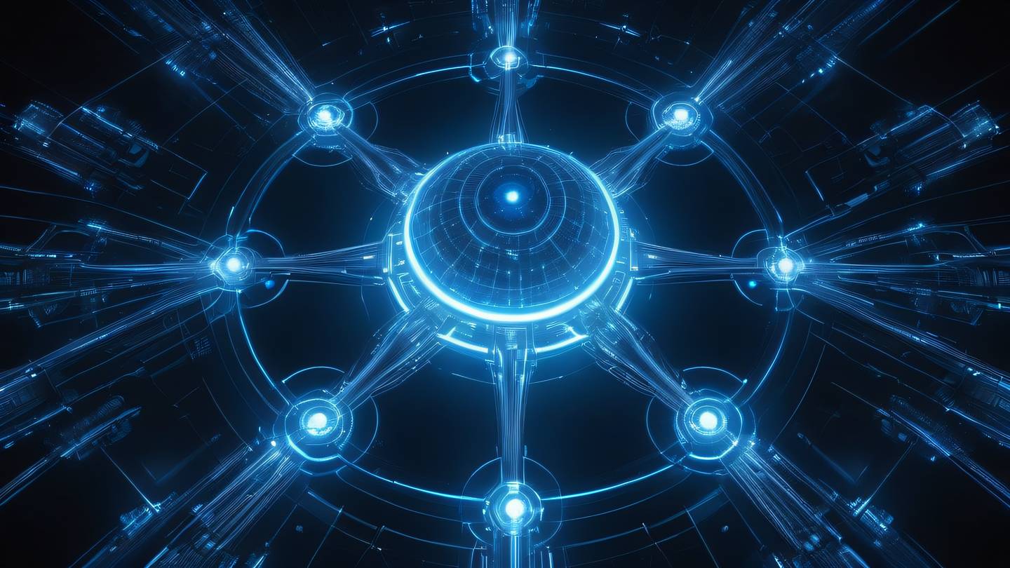 A futuristic digital network hub with interconnected nodes spreading across a vast space featuring glowing blue energy streams against a dark background viewed from a top-down perspective high-quality ultra-realistic cinematic 8K UHD high resolution sharp and detail
