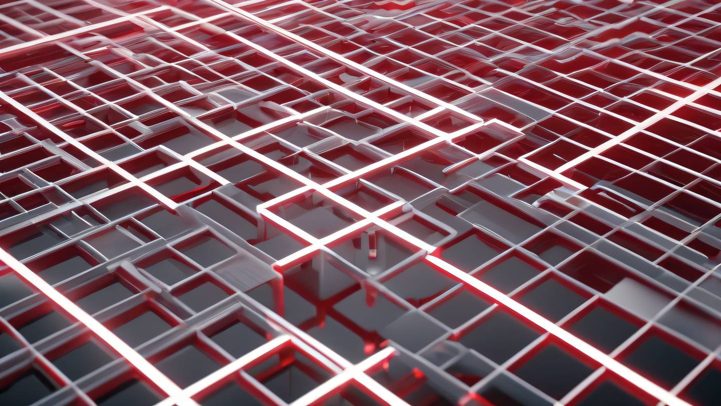 Abstract technology visualization with flowing white and bright red energy streams interweaving through a geometric grid structure captured from a diagonal angle high-quality ultra-realistic cinematic 8K UHD high resolution sharp and detail