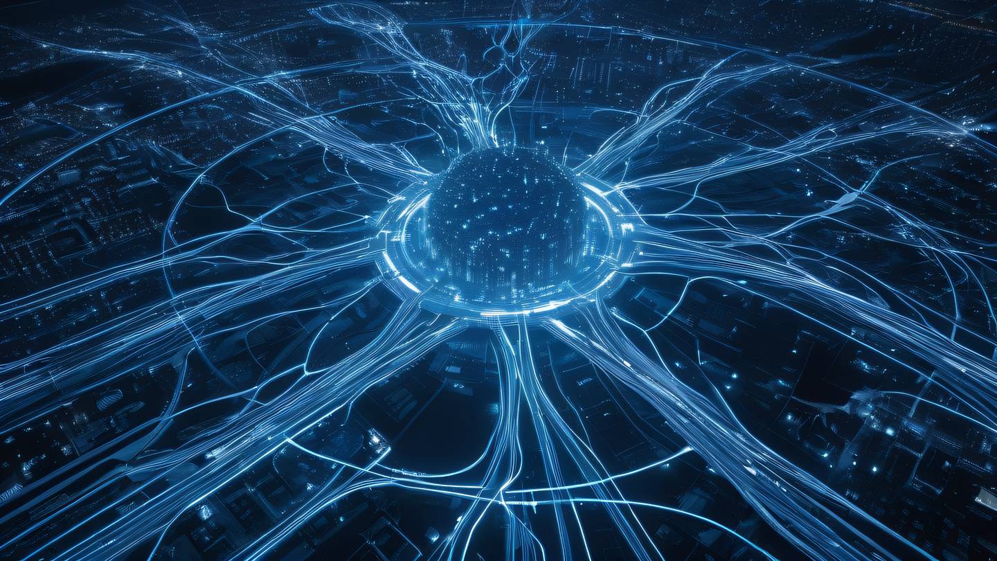 Aerial view of a vast technological landscape with interconnected bright blue and white energy streams forming a complex network pattern against a dark background shot from a bird's eye view high-quality ultra-realistic cinematic 8K UHD high resolution sharp and detail