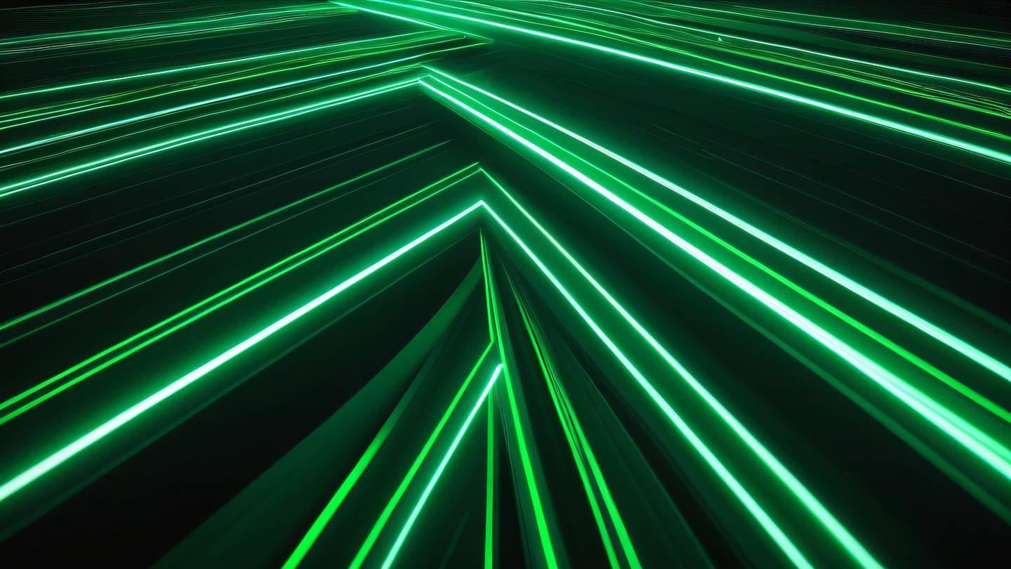 Geometric abstract composition representing speed and efficiency featuring dark green interweaving with electric neon green streaks captured from a 45-degree angle perspective high-quality ultra-realistic cinematic 8K UHD high resolution sharp and detail