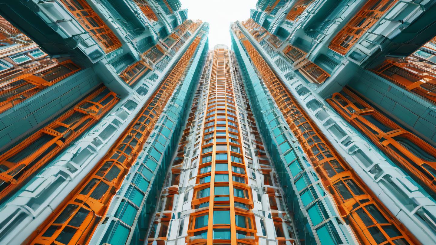 Abstract architectural structure suggesting microservices and API endpoints composed of bright orange and deep teal elements against a white background photographed from a low angle perspective looking up high-quality ultra-realistic cinematic 8K UHD high resolution sharp and detail