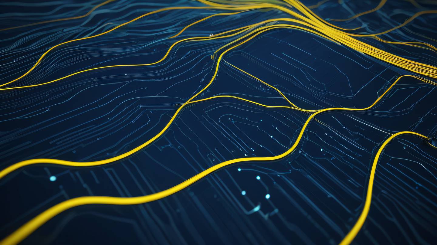 Dynamic flowing lines suggesting data movement and API connections featuring bright yellow and deep navy blue elements viewed from a bird's eye perspective high-quality ultra-realistic cinematic 8K UHD high resolution sharp and detail