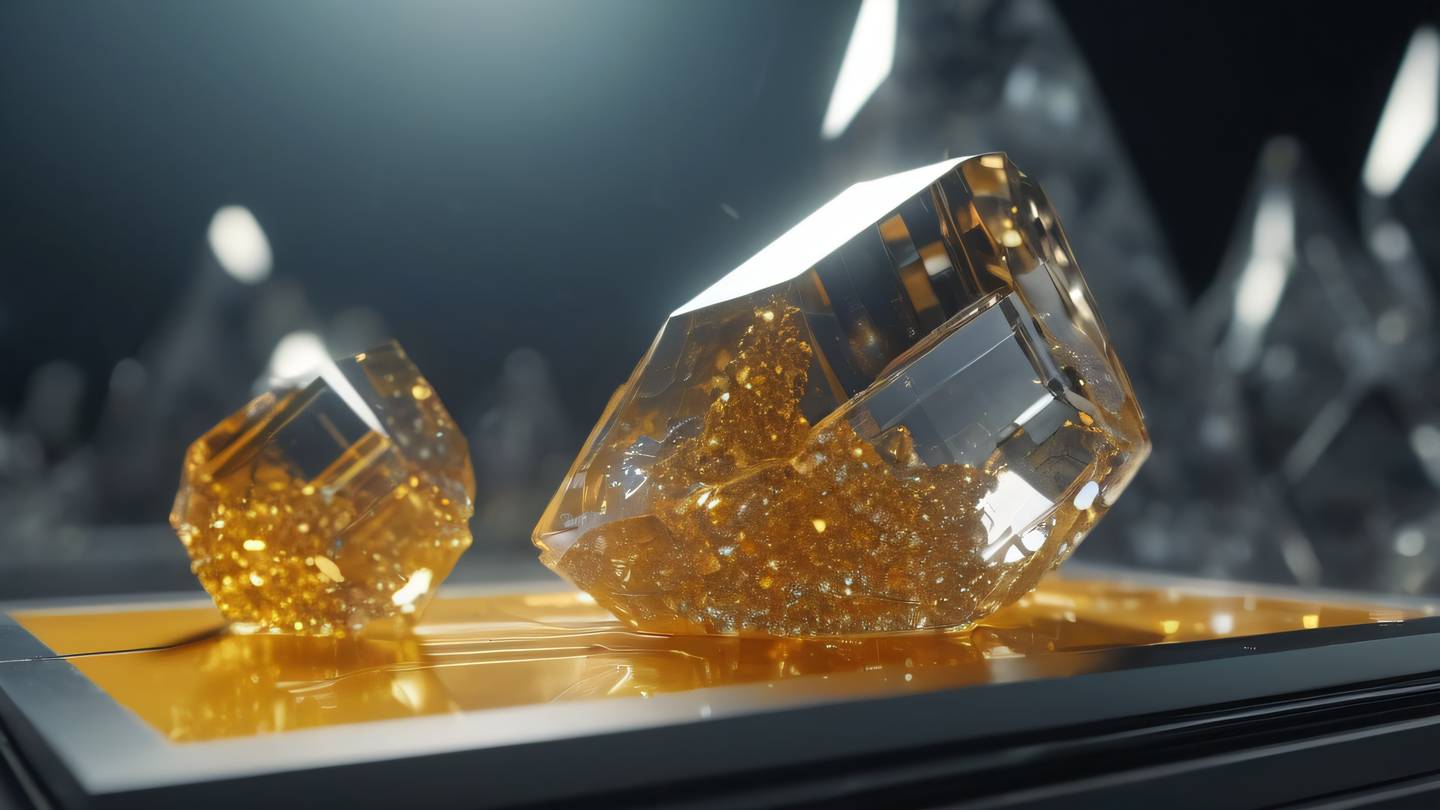 An abstract technological crystal formation emerging from a geometric platform featuring bright ochre and metallic silver crystals with dynamic energy flows between them ultra-realistic cinematic lighting 8K UHD high resolution sharp detail low angle shot upward highlighting crystal vertices