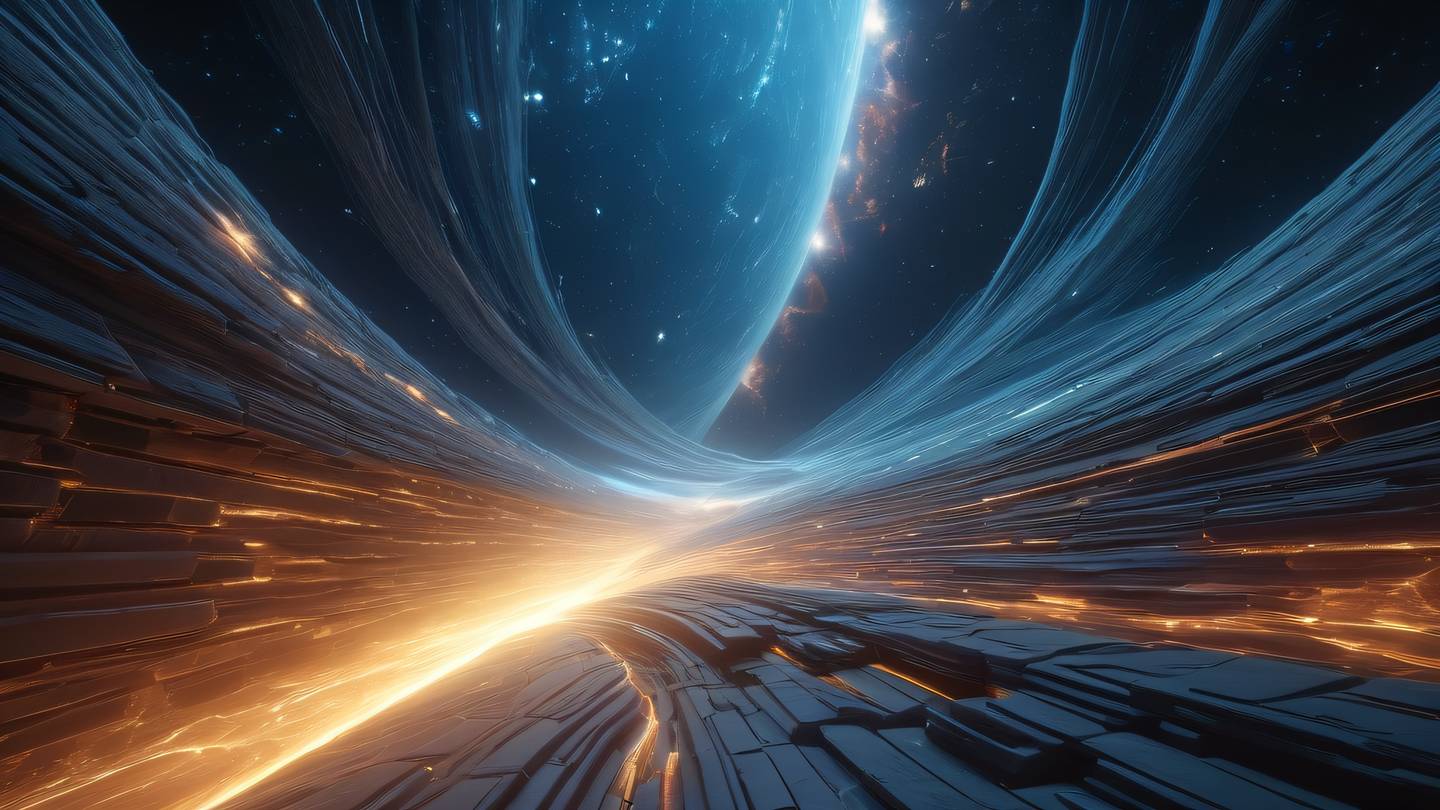 Abstract flowing energy streams in space featuring ethereal breezeway blue and sun-washed brick colors intertwining in a cosmic dance high-quality ultra-realistic cinematic 8K UHD dramatic side-angle perspective capturing the flow movement