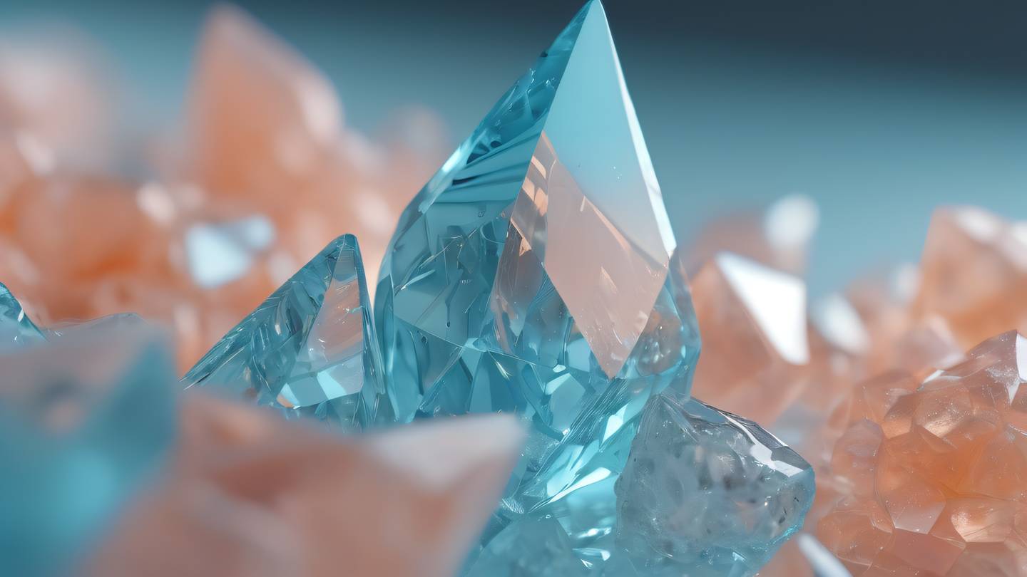 Abstract geometric crystal formations emerging from a reflective surface featuring baby blue and peach colors with gentle gradients. Captured from a low angle perspective with dramatic lighting high-quality ultra-realistic cinematic 8K UHD high resolution sharp and detailed