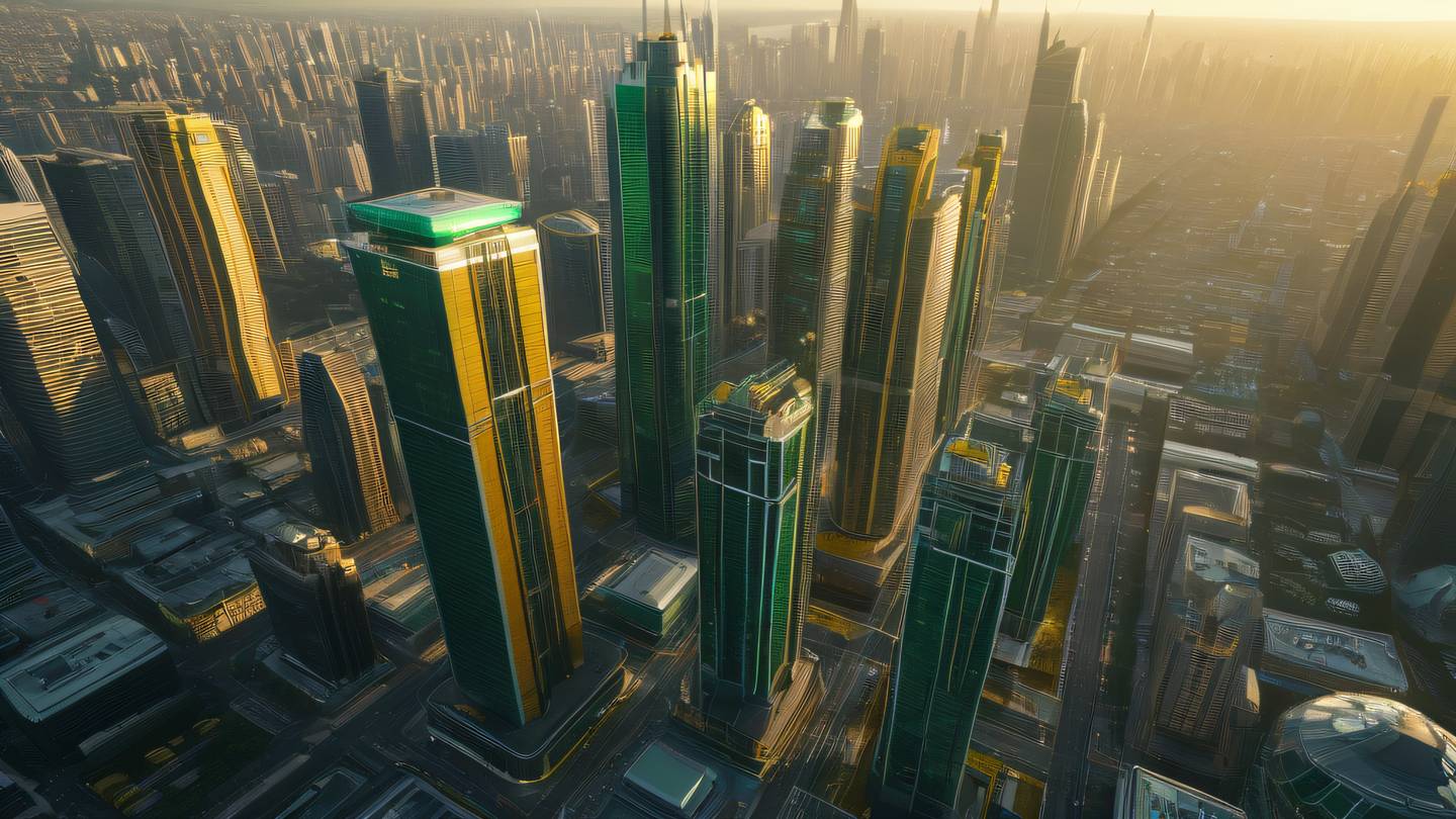 A futuristic cityscape with gleaming glass skyscrapers reflecting golden sunlight featuring clean lines and sleek architecture. The scene is dominated by emerald green and canary yellow tones. Aerial view from a 45-degree angle capturing the metropolitan expanse. high-quality ultra-realistic cinematic 8K UHD high resolution sharp and detail