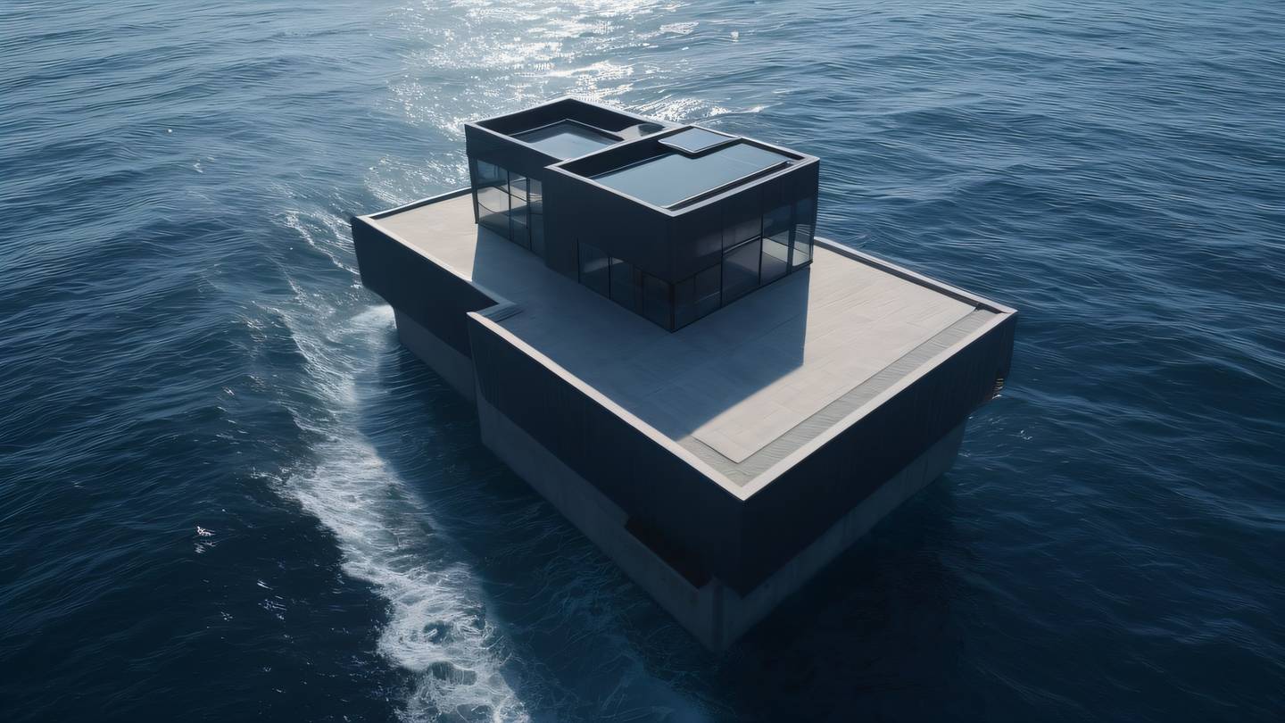 Calm ocean waves meeting a modern architectural structure on the coastline with sleek geometric shapes reflecting in the water. The scene features deep navy blues transitioning to off-black tones. Drone shot from 30-degree angle above water. high-quality ultra-realistic cinematic 8K UHD high resolution sharp and detail