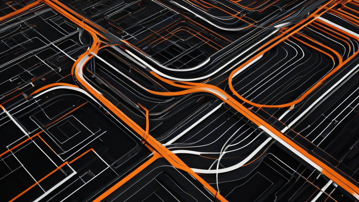 A modern abstract interpretation of data flow featuring interconnected geometric shapes and flowing lines in bright orange and white against a black background capturing the essence of middleware architecture shot from top-down perspective high-quality ultra-realistic cinematic 8K UHD high resolution sharp and detail