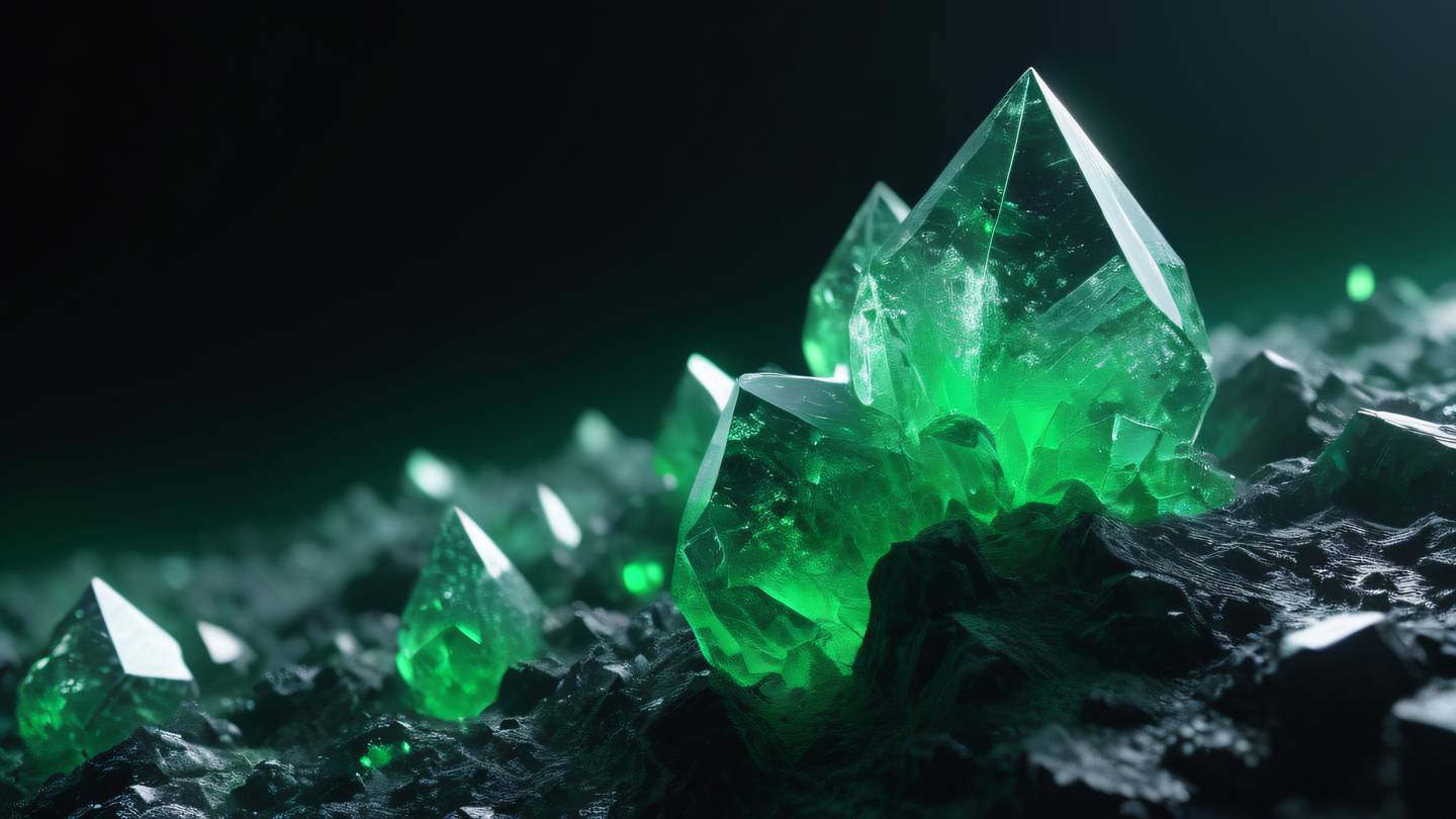 Crystal formation in space with geometric patterns featuring whisper white and neon green crystalline structures against a dark void macro lens perspective high-quality ultra-realistic cinematic 8K UHD high resolution sharp and detail