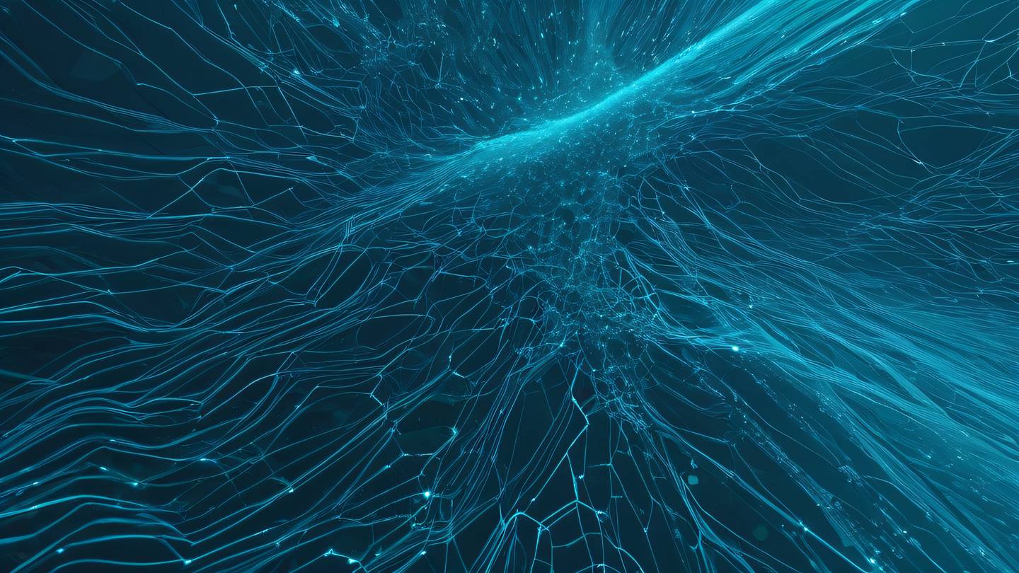 An abstract representation of debugging process with geometric shapes and flowing lines featuring bright aqua blue and white colors against a deep ocean blue background sharp crystalline formations suggesting data structures shot from a top-down perspective high-quality ultra-realistic cinematic 8K UHD high resolution sharp and detail