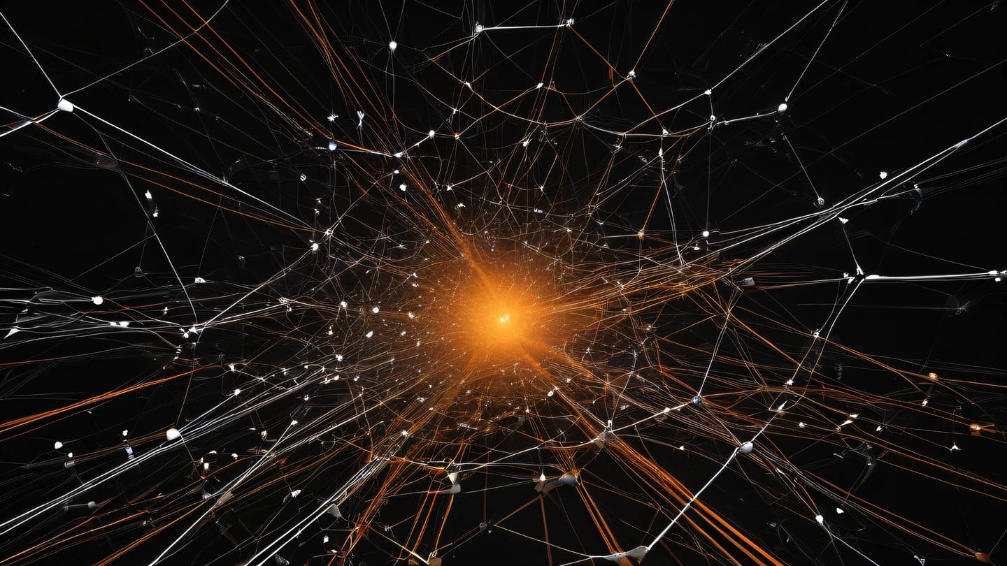 A futuristic abstract digital network of interconnected nodes and pathways floating in space rendered in bright orange and white colors against a deep black background camera angle: wide shot from slightly above high-quality ultra-realistic cinematic 8K UHD high resolution sharp and detail