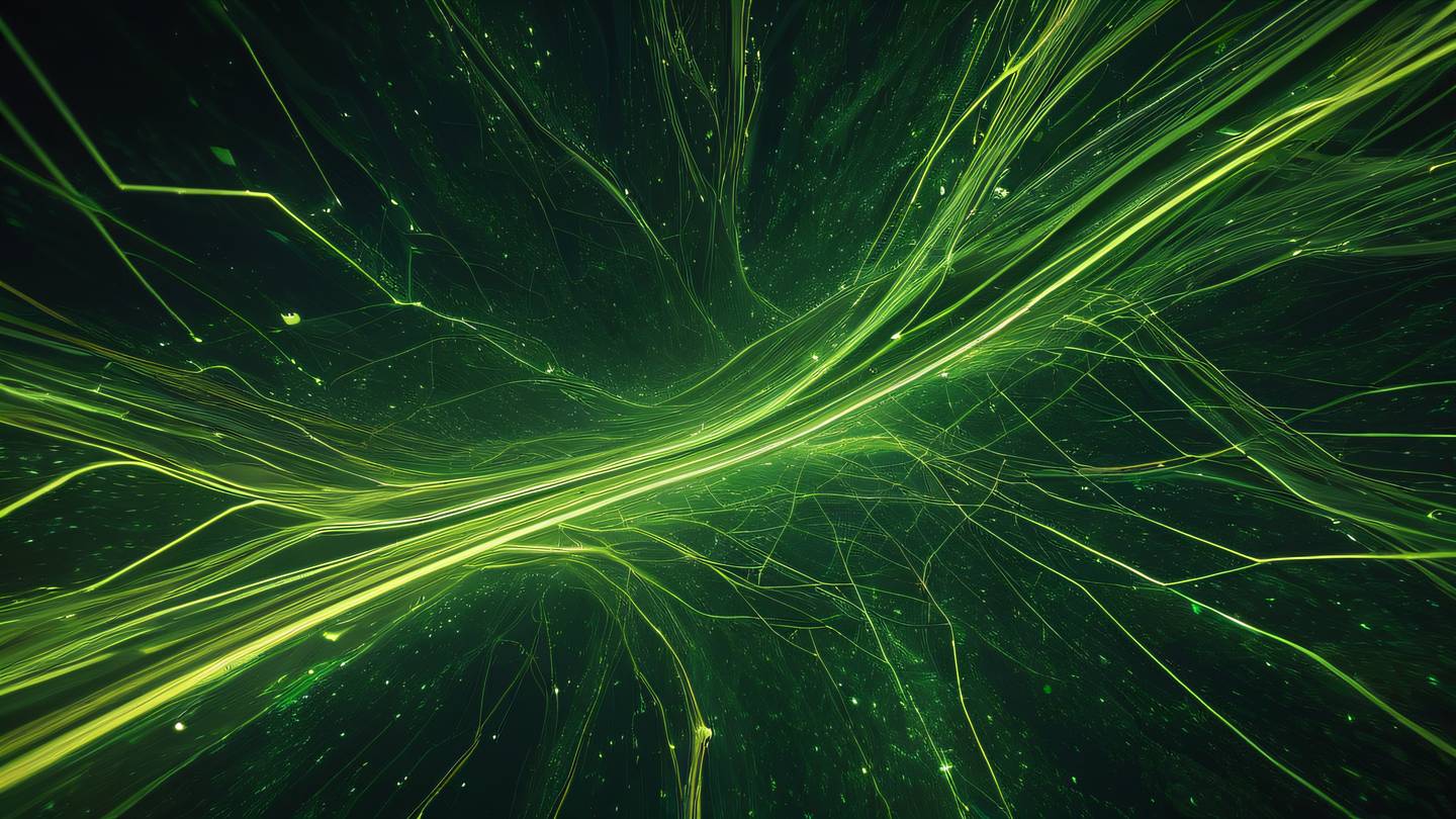 Abstract visualization of data flows and connections flowing like a river through geometric shapes using bright lime and forest green colors with golden accents viewed from top-down perspective high-quality ultra-realistic cinematic 8K UHD high resolution sharp and detail