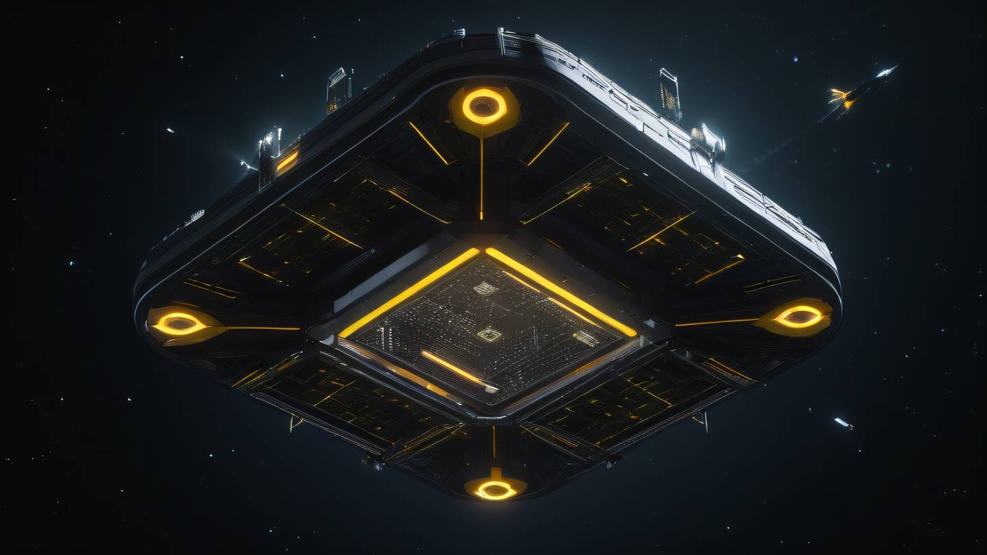 Abstract space station floating in void with geometric patterns stark black background with bright amber and lime accent lights captured from a dramatic upward angle high-quality ultra-realistic cinematic 8K UHD high resolution sharp and detail