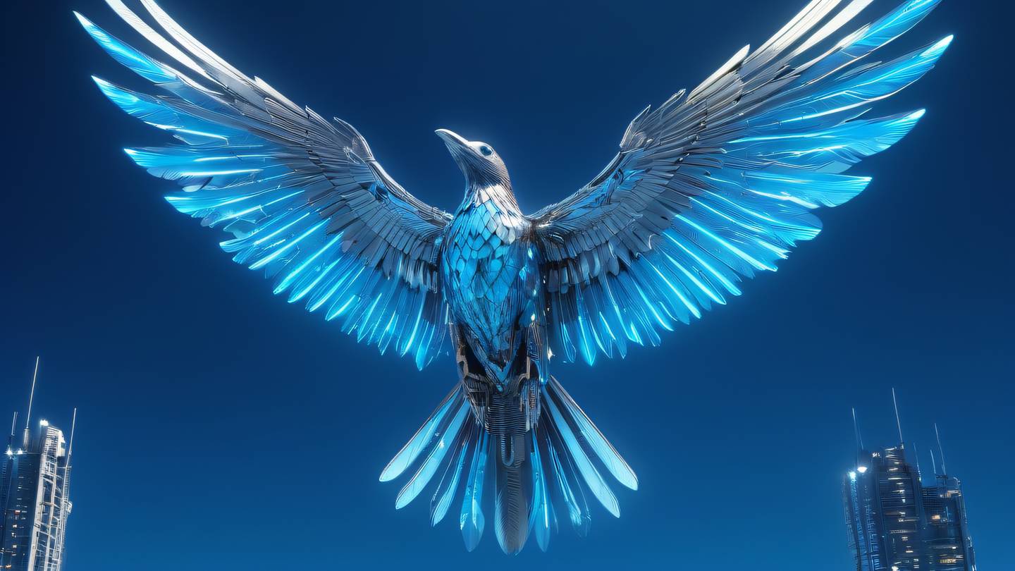 A soaring metallic bird made of circuit-like patterns against a backdrop of neon blue sky mechanical wings spread wide intricate technological details bright neon blue and silver color palette ultra-realistic cinematic 8K UHD high resolution shot from below looking up