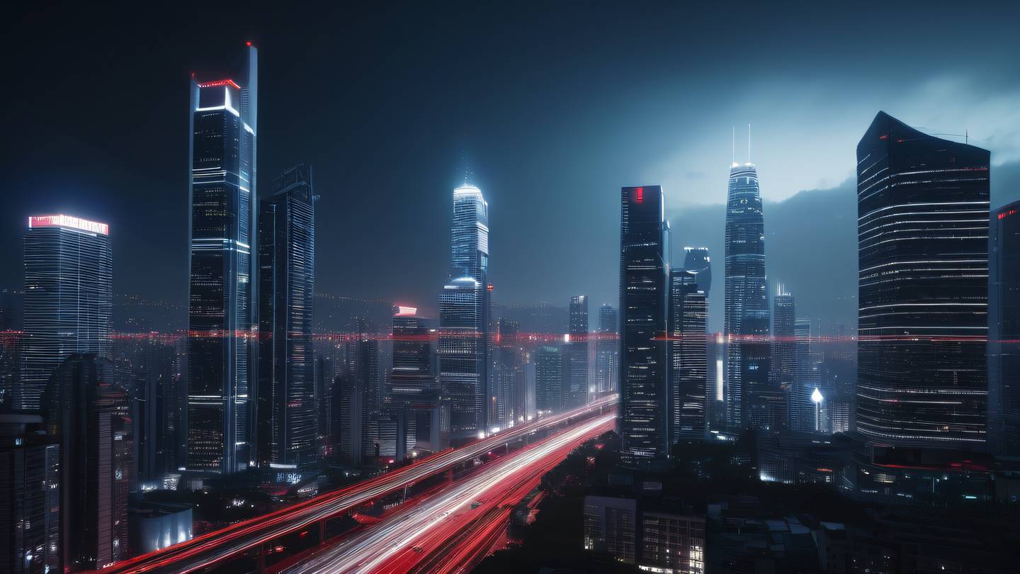 A modern city skyline with towering skyscrapers and glowing interconnected lines representing database connections viewed from street level looking up dominated by bright whites and vibrant red accent lights high-quality ultra-realistic cinematic 8K UHD high resolution sharp and detail