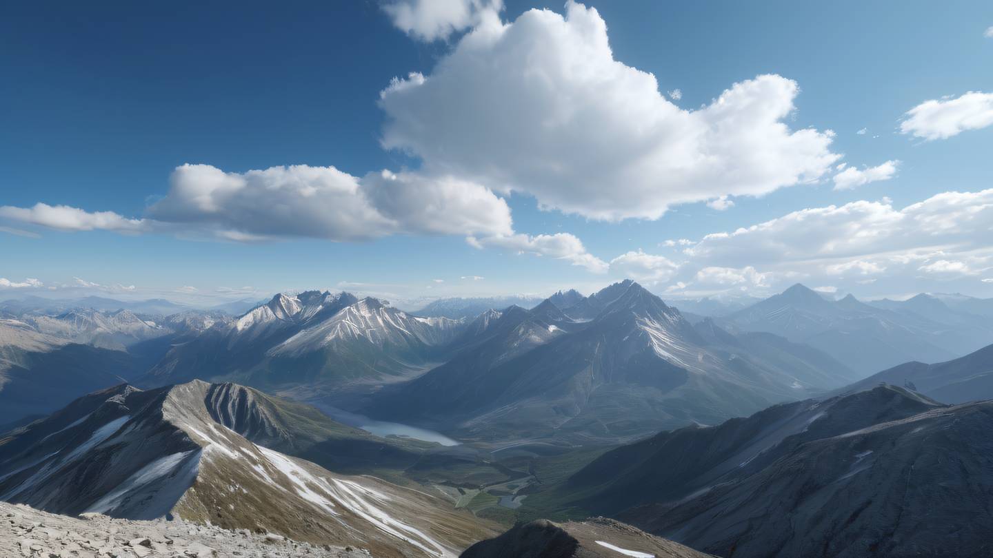 A serene mountain landscape with interconnected geometric patterns floating in the sky featuring bright white clouds against zinc-colored mountains shot from a wide-angle perspective high-quality ultra-realistic cinematic 8K UHD high resolution sharp and detail