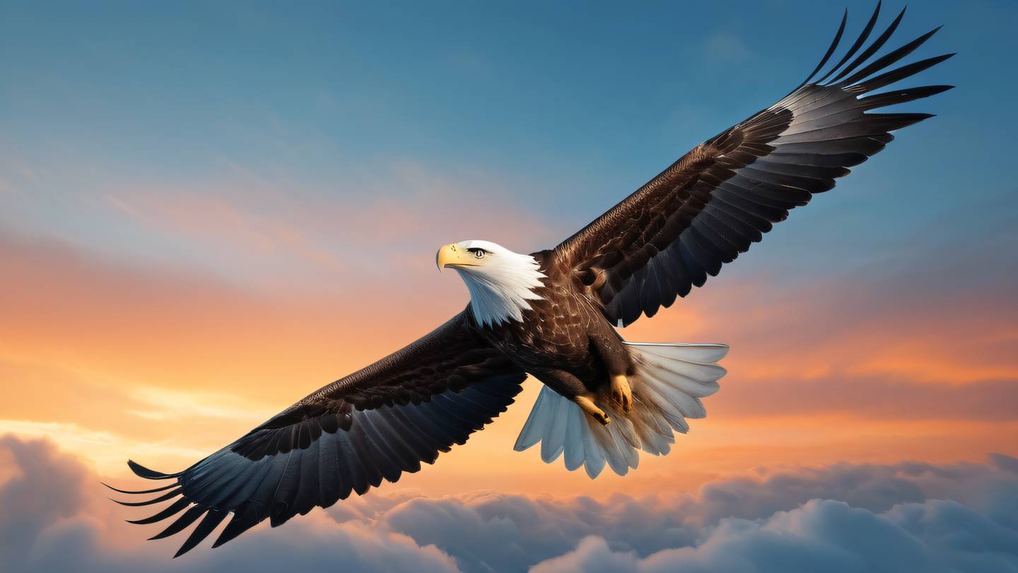 A majestic eagle soaring through clouds wings spread wide against a backdrop of salmon-orange and baby blue sky photographed from a low angle perspective creating a sense of power and freedom high-quality ultra-realistic cinematic 8K UHD high resolution sharp and detail