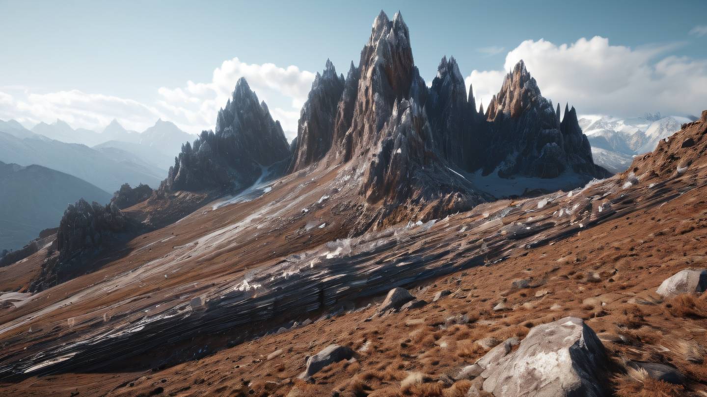 A geometric mountain landscape with interconnected crystal formations featuring walnut and iron colors viewed from a diagonal angle suggesting strength and security high-quality ultra-realistic cinematic 8K UHD high resolution sharp and detail