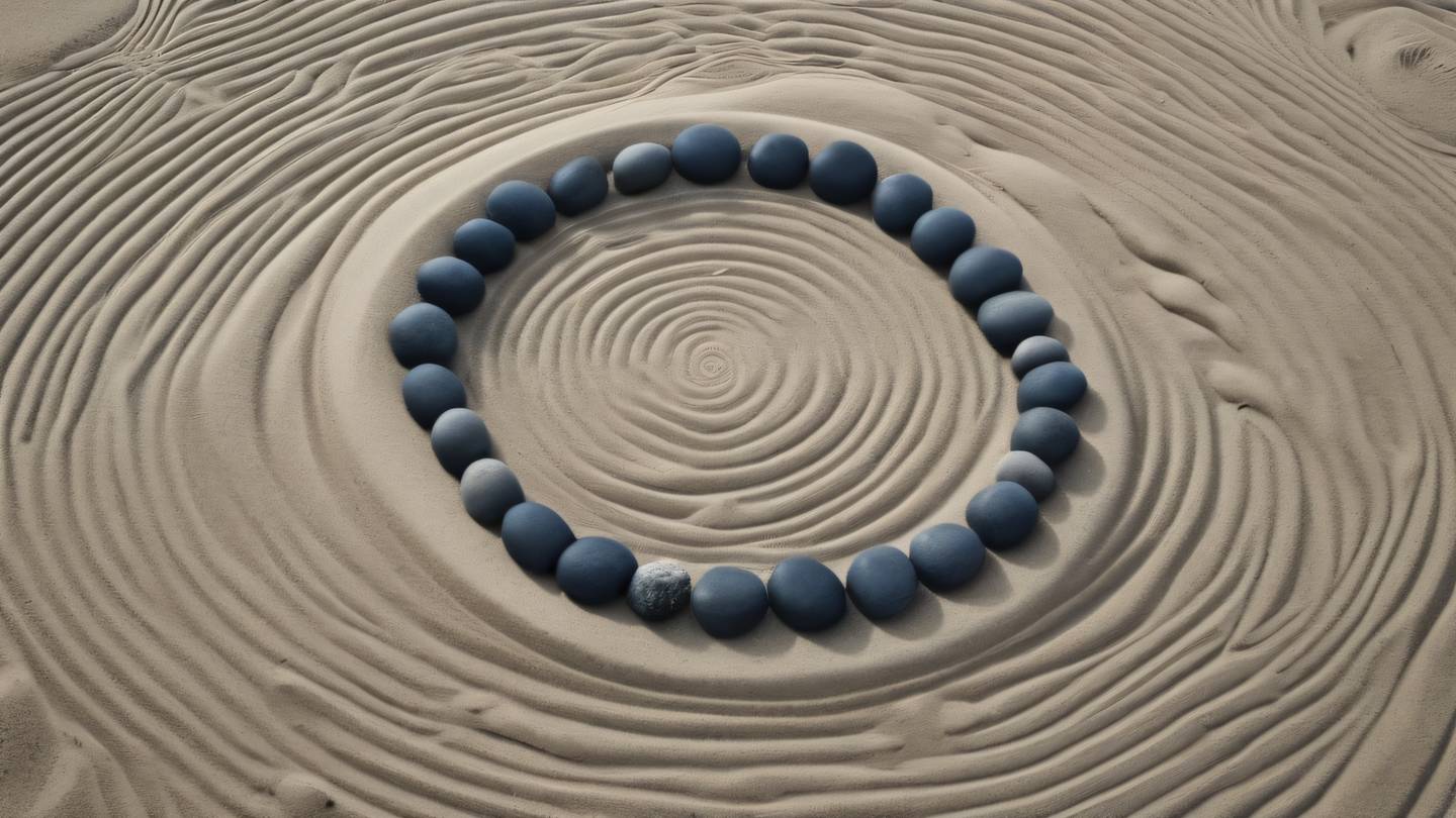 A tranquil zen garden with smooth stones and rippling sand patterns composed in navy and white tones captured from an overhead angle high-quality ultra-realistic cinematic 8K UHD high resolution sharp and detail