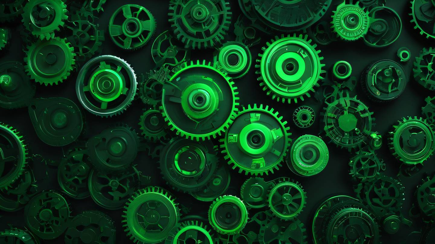 A geometric abstract representation of interlocking gears and circuits rendered in bright electric green and deep black colors. Shot from a top-down perspective with dramatic lighting high-quality ultra-realistic cinematic 8K UHD high resolution sharp and detail