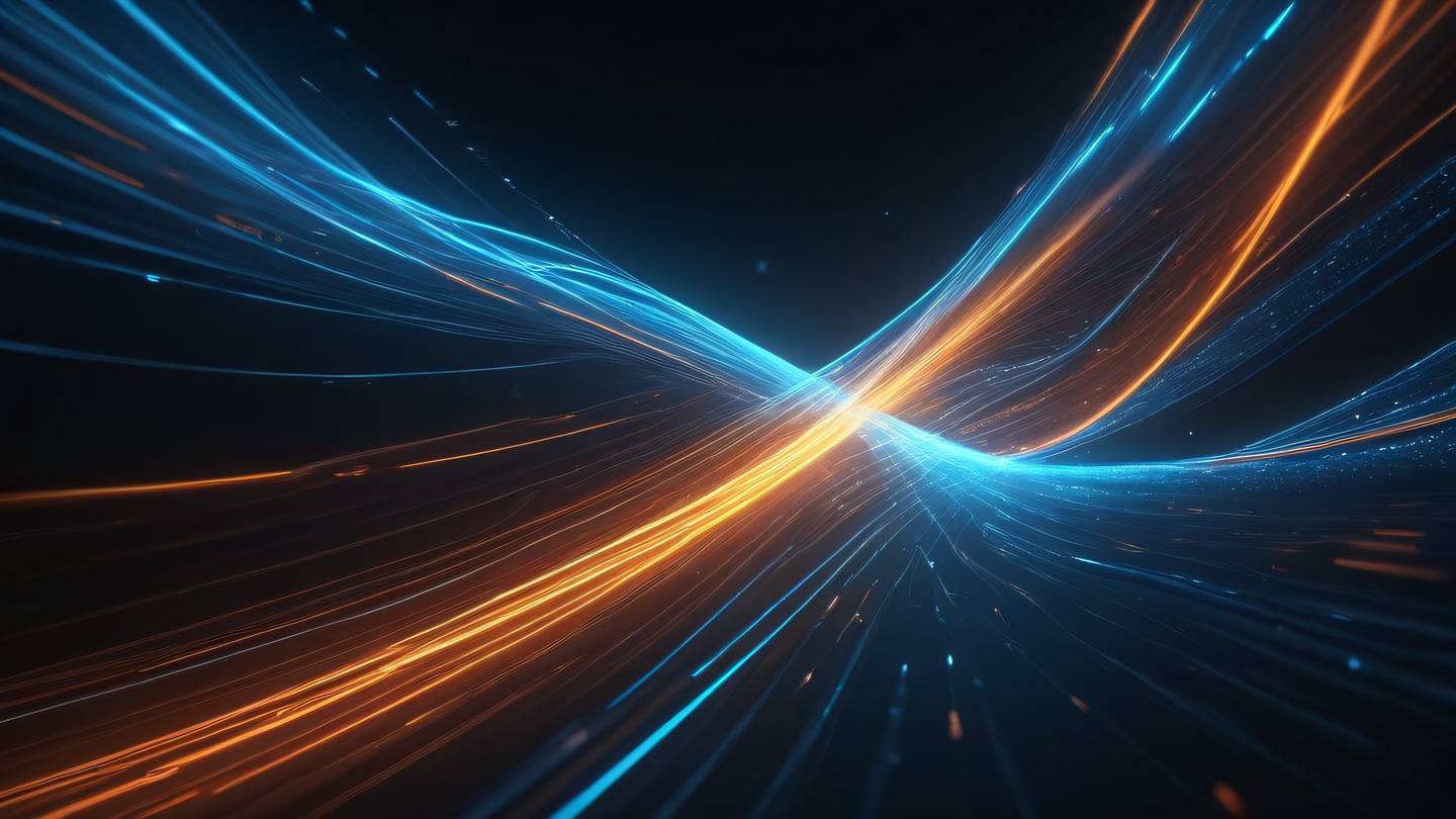 An abstract flowing stream of data visualized as interconnected blue and orange light streams against a dark background captured from a diagonal angle high-quality ultra-realistic cinematic 8K UHD high resolution sharp and detail