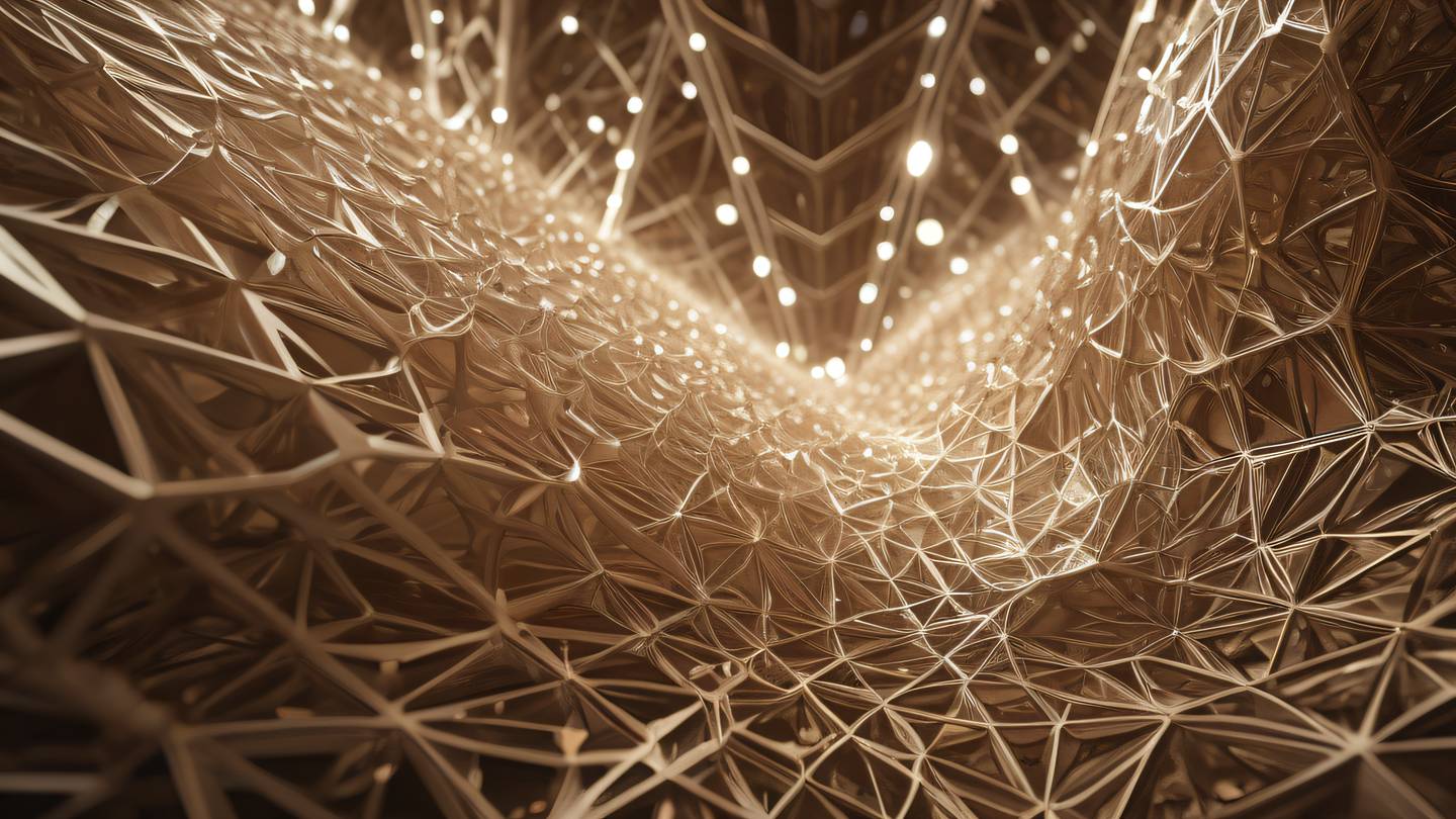 Crystalline structures forming complex patterns and networks rendered in contemporary brown and cream colors photographed from a low angle perspective with strong backlighting high-quality ultra-realistic cinematic 8K UHD high resolution sharp and detail