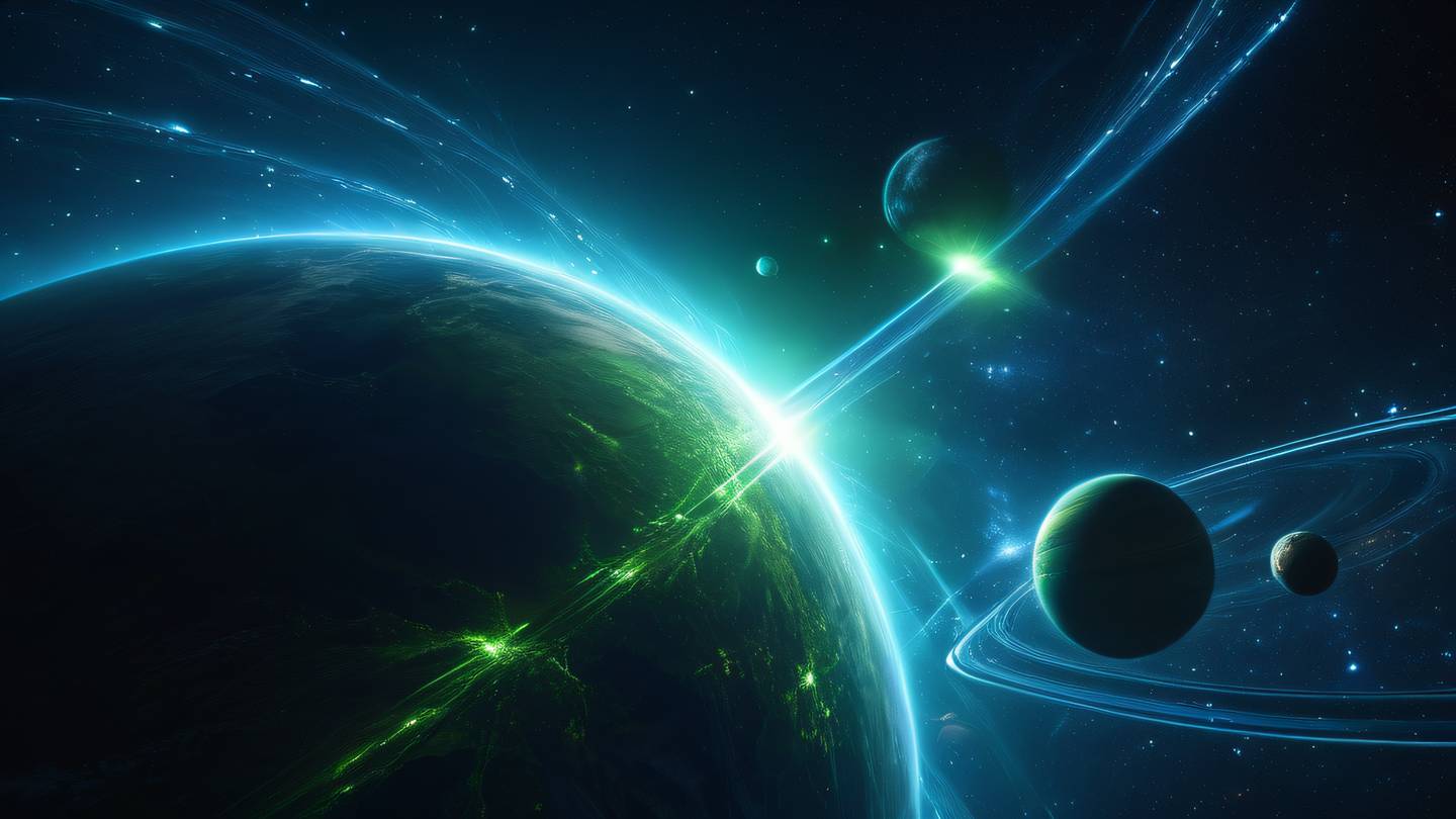 A cosmic scene showing interconnected planets and celestial bodies with streaks of bright green and electric blue energy flowing between them captured from a wide-angle perspective high-quality ultra-realistic cinematic 8K UHD high resolution sharp and detail