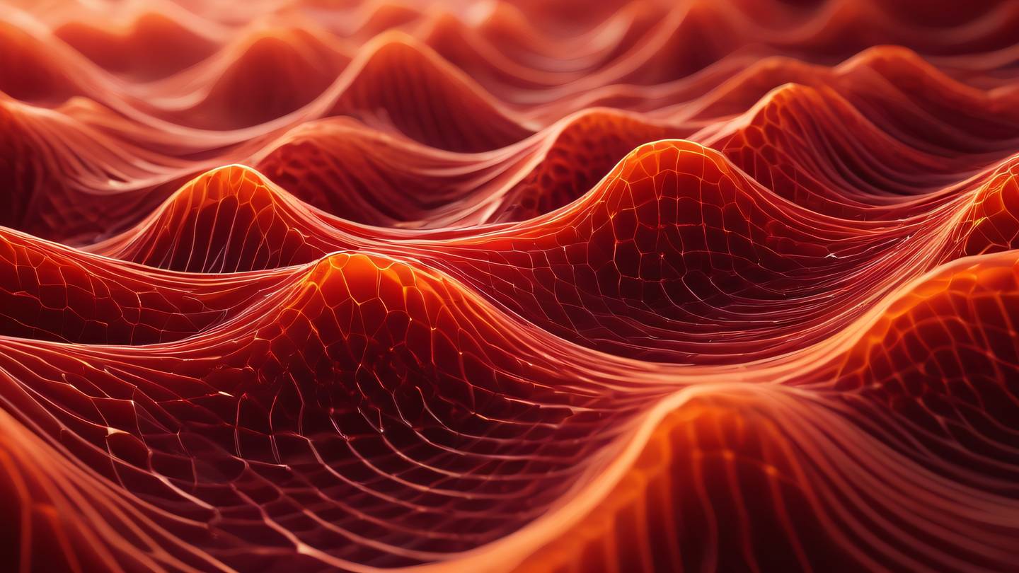 Abstract geometric shapes representing interconnected networks featuring bold orange and blood red gradient waves flowing through crystalline structures viewed from an isometric angle high-quality ultra-realistic cinematic 8K UHD high resolution sharp and detail