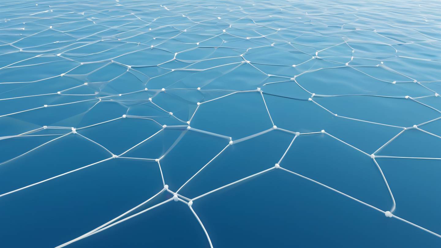 A minimalist geometric abstract composition representing network connections rendered with flowing silver and white lines against a bright sky blue background floating in a pristine ocean-like environment shot from a low angle perspective high-quality ultra-realistic cinematic 8K UHD high resolution sharp and detail