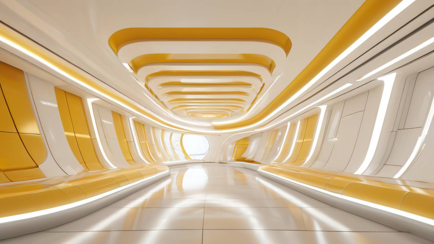 Abstract futuristic interior architectural space with smooth flowing curves and geometric patterns featuring warm yellow and golden tones against crisp white surfaces captured from a wide-angle perspective showing depth high-quality ultra-realistic cinematic 8K UHD high resolution sharp and detail