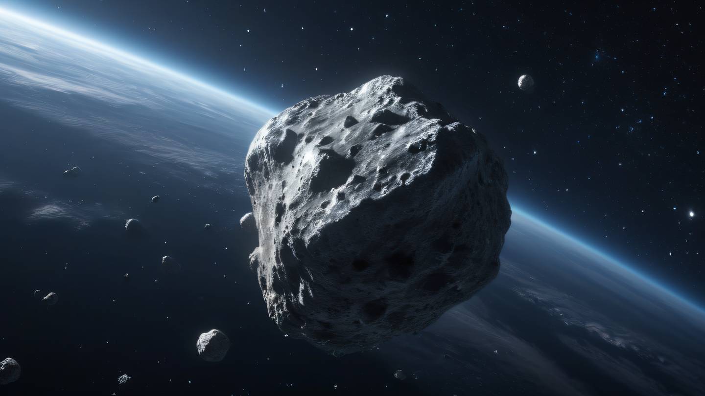 A rocky asteroid floating in space with crystalline formations illuminated by distant stars featuring bright metallic silver and pale platinum colors captured from a dramatic upward angle showing the vastness of space high-quality ultra-realistic cinematic 8K UHD high resolution sharp and detail