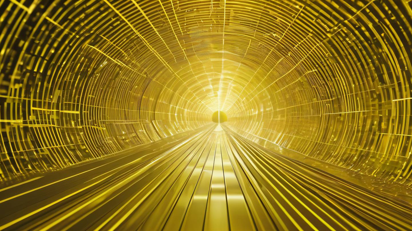 An abstract representation of a data flow pattern showing interconnected geometric shapes flowing through a translucent tunnel rendered in holographic and yellow colors with glass-like reflections shot from a low angle perspective high-quality ultra-realistic cinematic 8K UHD high resolution sharp and detail