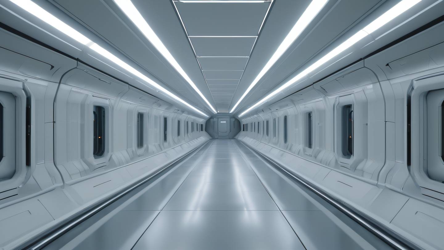 A futuristic spaceship corridor with sleek minimalist design elements featuring off-white and metallic surfaces with subtle light reflections photographed from a central perspective looking down the corridor high-quality ultra-realistic cinematic 8K UHD high resolution sharp and detail
