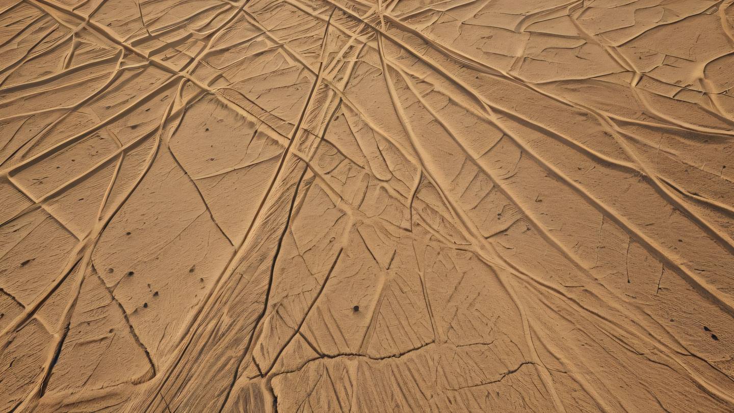 Abstract geometric patterns of interconnected nodes in natural earth tones and sandy colors floating in space captured from a bird's eye view - high-quality ultra-realistic cinematic 8K UHD high resolution sharp and detail