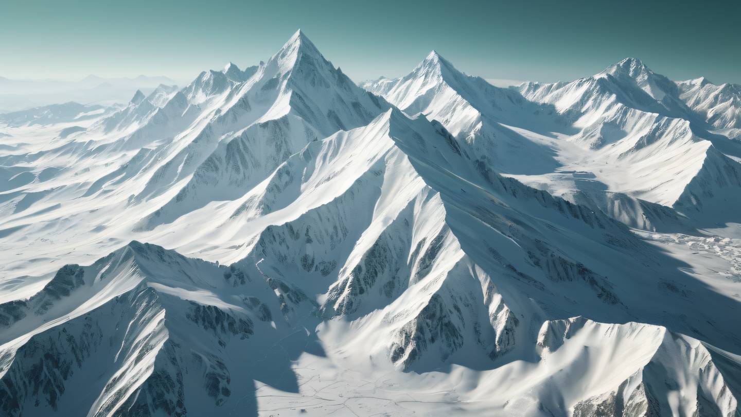 An abstract aerial view of a snowy mountain range with geometric patterns cast by shadows in white and sage green colors high-quality ultra-realistic cinematic 8K UHD high resolution sharp and detail captured from a bird's eye view angle