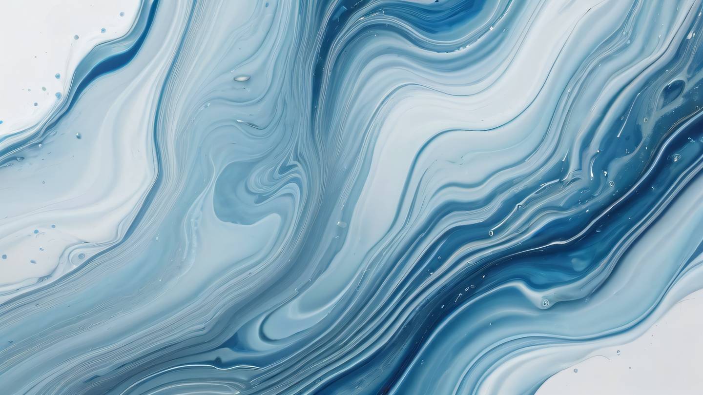 An abstract fluid art composition with flowing iridescent blues and metallic silvers creating a dynamic pattern against a white background photographed from a top-down perspective high-quality ultra-realistic cinematic 8K UHD high resolution sharp and detail