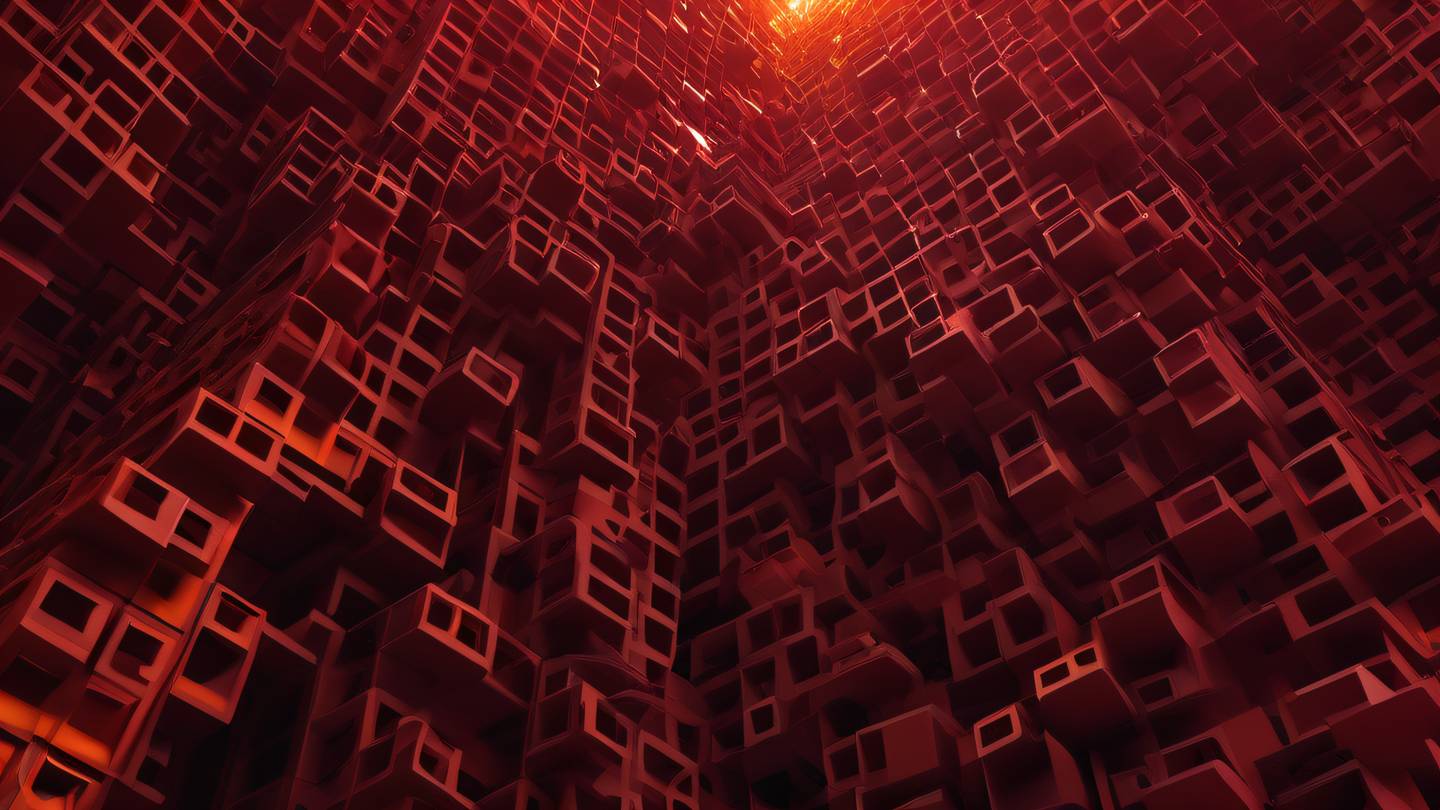 Abstract geometric shapes representing building blocks and connections with bold orange and blood red gradient flowing through interconnected cubic forms shot from a low angle perspective creating a sense of complexity and structure high-quality ultra-realistic cinematic 8K UHD high resolution sharp and detail