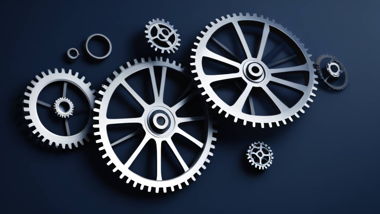 An abstract representation of interlocking gears and mechanical components floating in space rendered in bright navy blue and white against a dark background viewed from a 45-degree angle perspective high-quality ultra-realistic cinematic 8K UHD high resolution sharp and detail