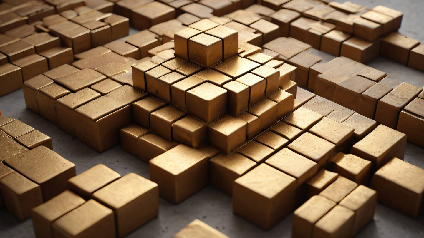 A geometric abstract sculpture representing interconnected puzzle pieces made of clay and metal featuring sun-washed brick and gold colors arranged in a harmonious pattern suggesting both complexity and order shot from a 45-degree elevated angle high-quality ultra-realistic cinematic 8K UHD high resolution sharp and detail