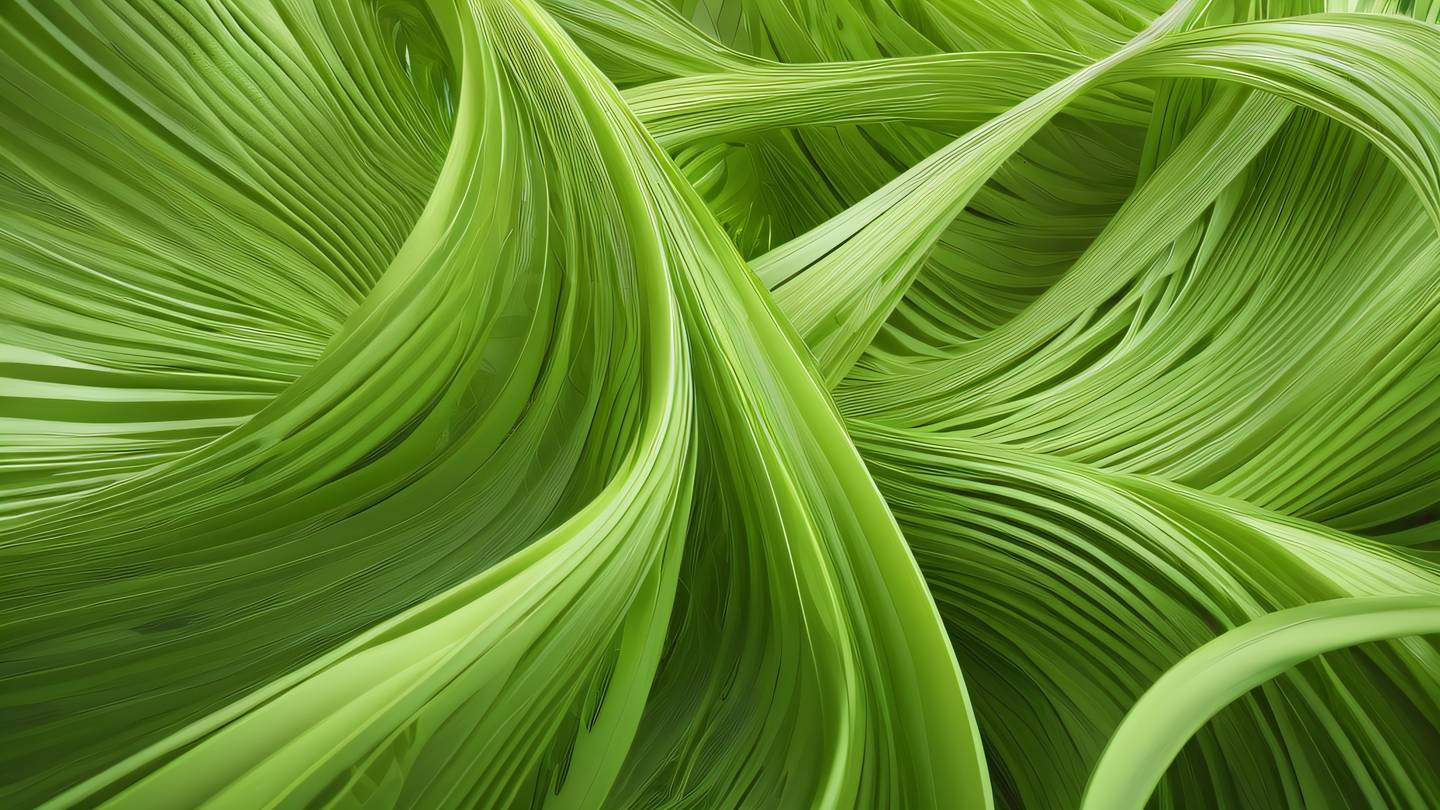 An abstract flowing pattern of interweaving ribbons in lime and etched glass colors suggesting movement and connection captured from a bird's eye view perspective high-quality ultra-realistic cinematic 8K UHD high resolution sharp and detail