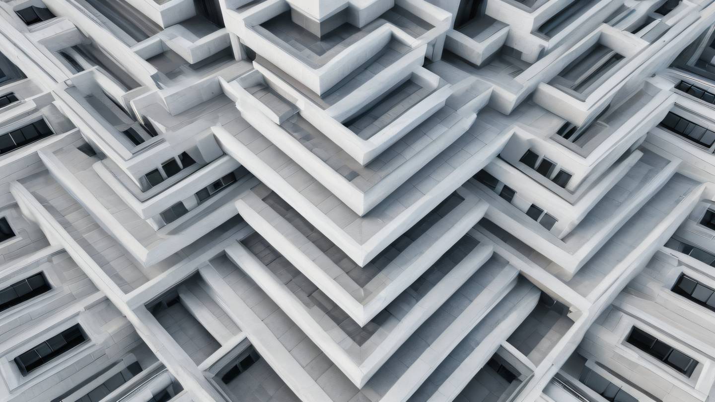 Abstract architectural composition featuring repeating geometric patterns and sharp lines in bright stone white and light gray colors photographed from an aerial perspective looking down. high-quality ultra-realistic cinematic 8K UHD high resolution sharp and detail