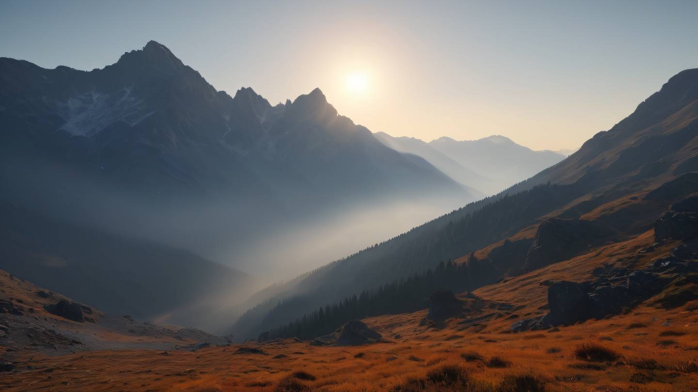 A serene mountain landscape at sunrise with towering peaks casting long shadows color palette focusing on october mist and deep orange tones shot from a low angle perspective highlighting the majesty of the mountains high-quality ultra-realistic cinematic 8K UHD high resolution sharp and detail