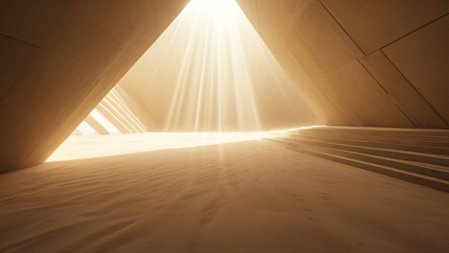 Ethereal light rays streaming through abstract architectural elements with warm sand and yellow tones creating a sense of depth and dimension captured from a diagonal angle high-quality ultra-realistic cinematic 8K UHD high resolution sharp and detail