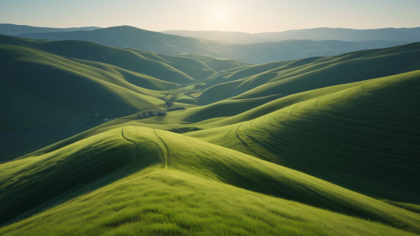 A minimalist landscape featuring rolling hills and streaming sunlight dominated by blue and green tones with orange accent elements photographed from a gentle elevated angle high-quality ultra-realistic cinematic 8K UHD high resolution sharp and detail