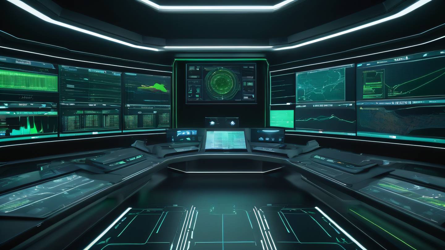 A futuristic tech hub control center with holographic displays showing data streams and network connections featuring bright lime green and silver interfaces against a deep space background high-quality ultra-realistic cinematic 8K UHD high resolution sharp and detail