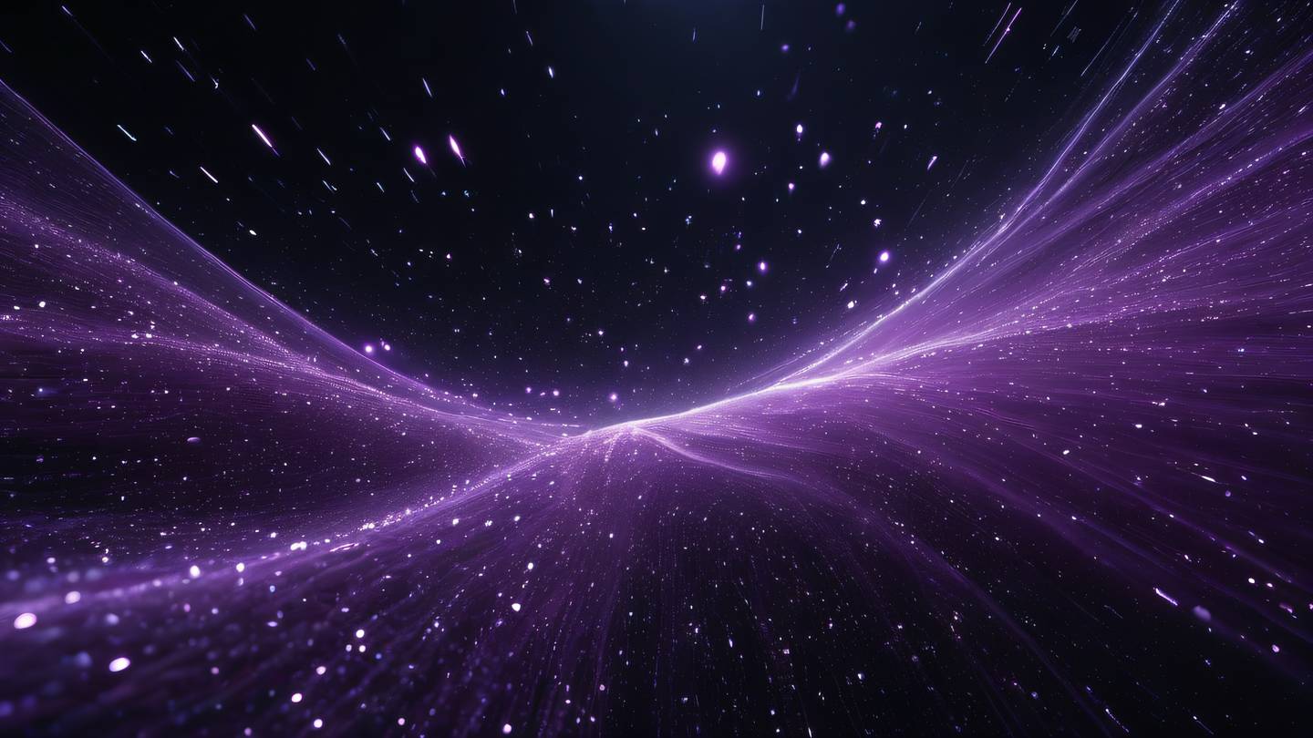 Abstract visualization of data flow streams in space with flowing purple and silver particles forming interconnected network patterns glowing against a dark background high-quality ultra-realistic cinematic 8K UHD high resolution sharp and detail